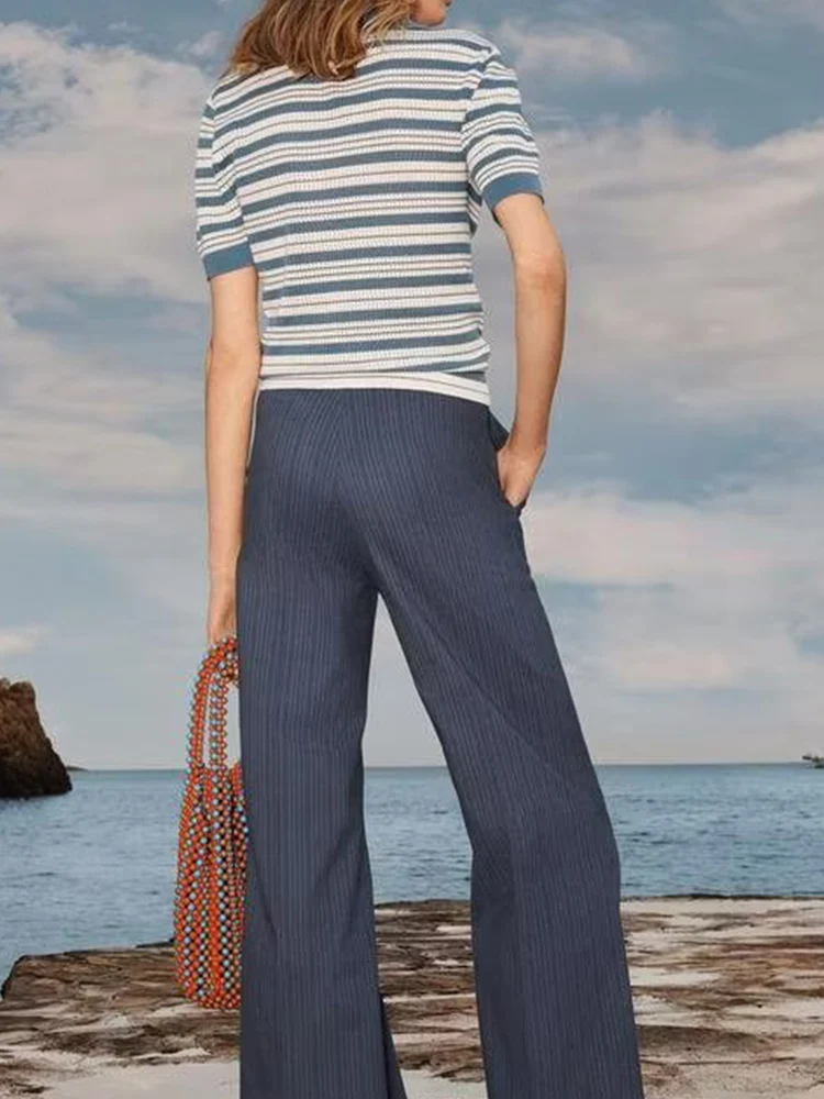 TRAF Europejski i amerykański styl damski letni nowy modny sweter w paski z klapami, uniwersalny i dopasowany.