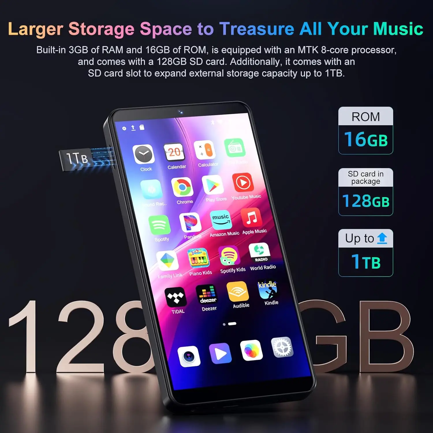 مشغل MP3 مقاس 5.5 بوصة مع كاميرا 13 ميجابكسل، سعة 144 جيجابايت (128 جيجابايت + 16 جيجابايت) مع بلوتوث وواي فاي، أندرويد 13.0، سبوتيفي، ديزر وتشغيل