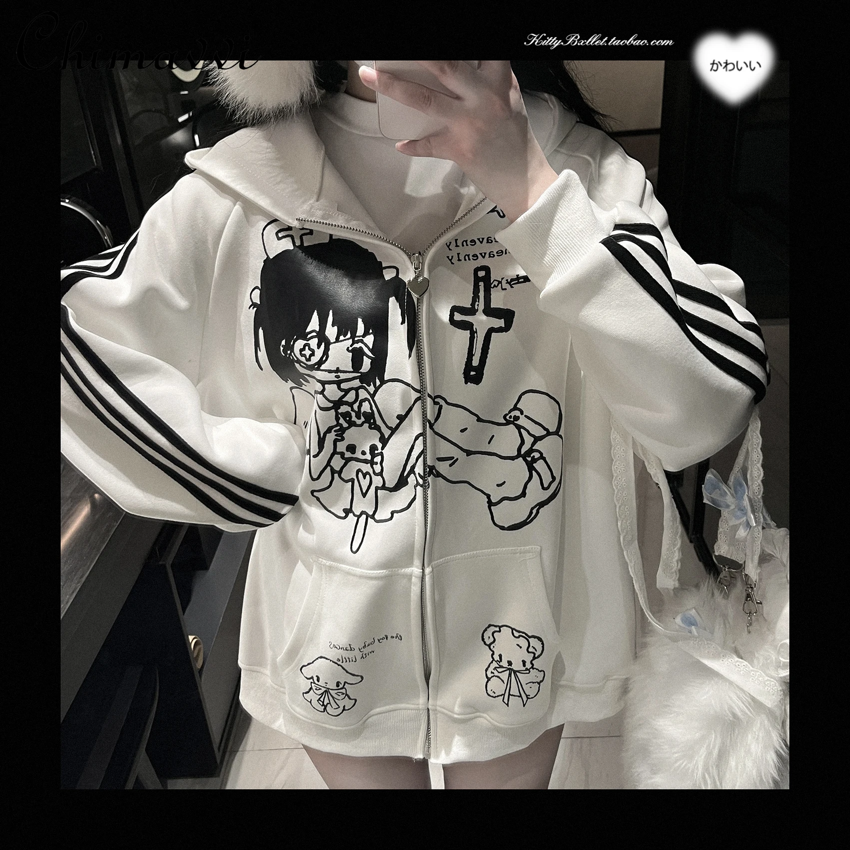 Original Subculture Loose Hooded Pattern Zipper Sweatshirt Spring Autumn New Fashion Long-sleeved Loose Kawaii Student Hoodies