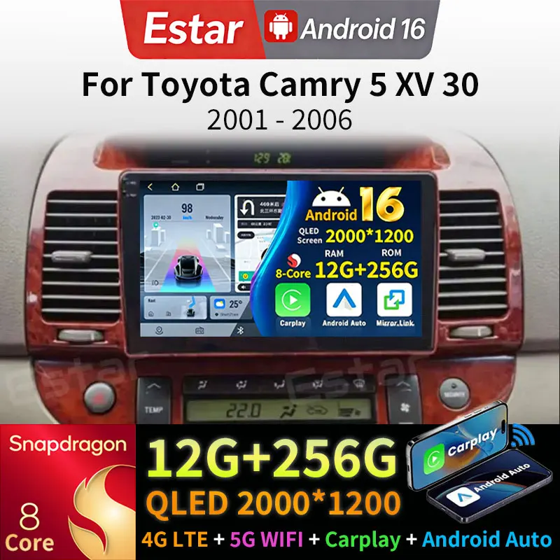 Android 16 Carplay For Toyota Camry 5 XV 30 2001 - 2006 Car Radios Auto BT Head Unit DSP Multimedia Stereo GPS Navigation 4G LTE