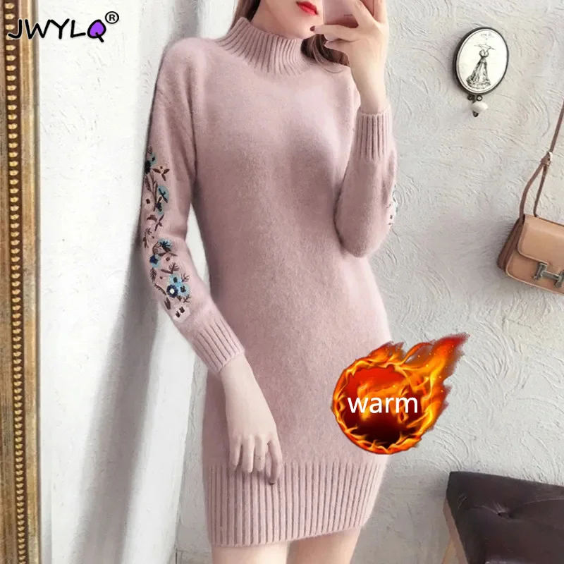 

Women Thicken Long Sleeve 3xl Embroidery Slim Mini Dress Fashion Chic Winter Warm Soft Knitted Thicken Turtleneck Leisure Sweate