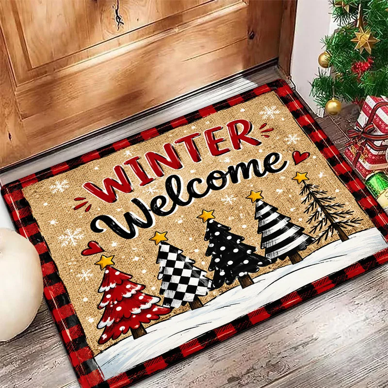 Xmas Seasonal Doormat, Retro Diverse Christmas Tree Star Snowflake Pattern, Anti‑Skid Area Rug for Entry Festive Christmas Home
