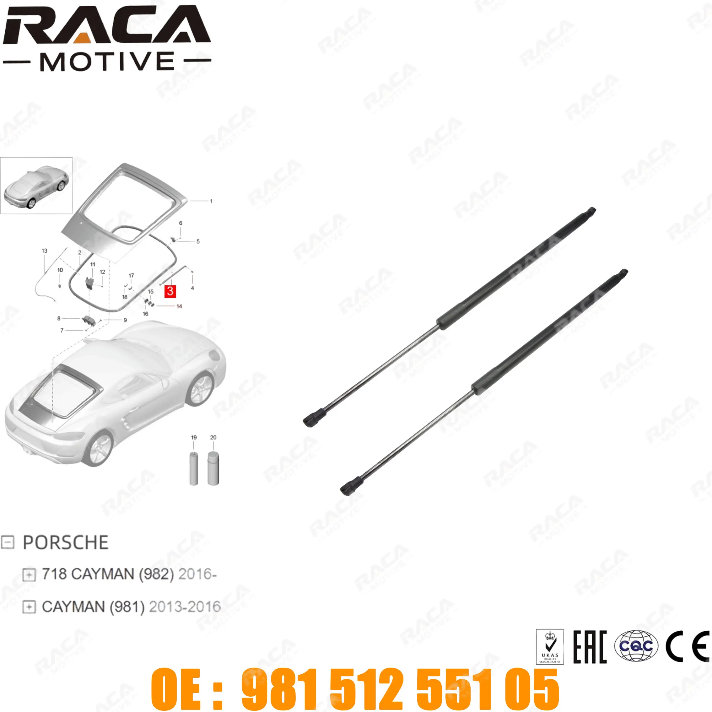 

Luggage Compartment Air Spring Suitable for Porsche 718 Cayman (982) 2016- Cayman (981) 2013-2016 98151255105 98151255103