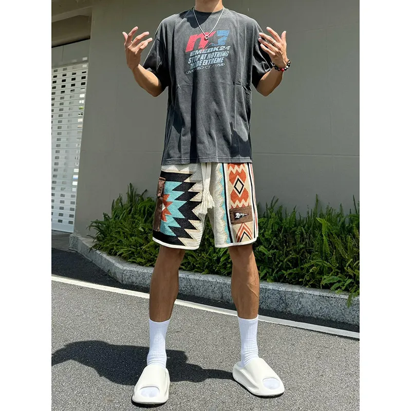 

Мужские летние спортивные шорты Navajo Knitted: прямой крой, дизайн CleanFit, американский уличный стиль, длина до колена, повседневные