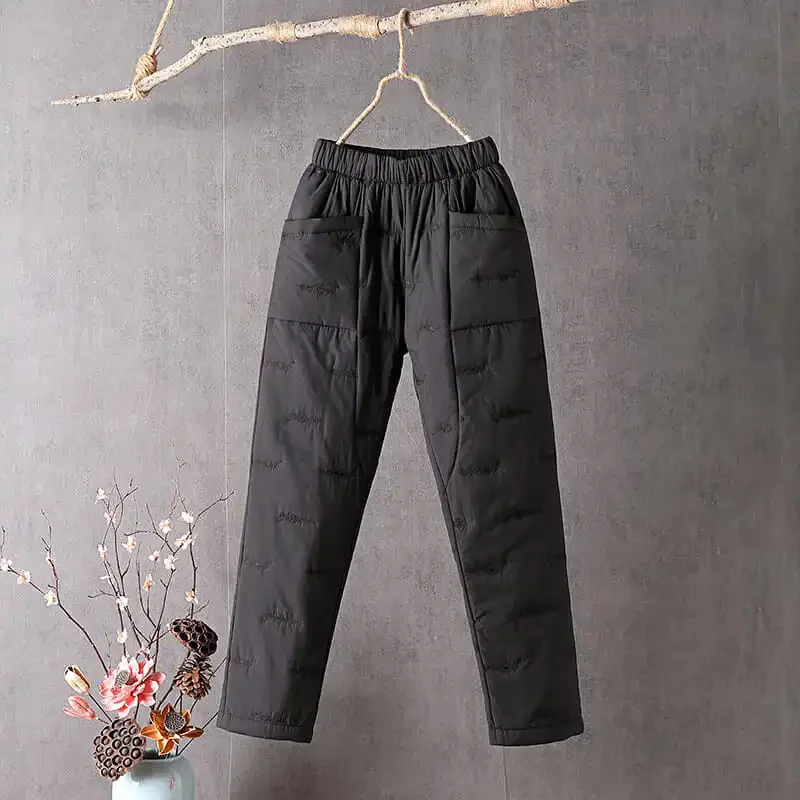 2026 moda cintura elástica calças de algodão feminino inverno bolsos soltos calças retas quentes mulher cintura alta engrossar calças de algodão