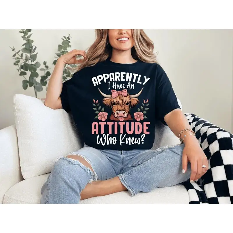 Camiseta para amantes de las vacas de las tierras altas escocesas, pintura de ganado, tengo una actitud que nueva diciendo divertido granjero