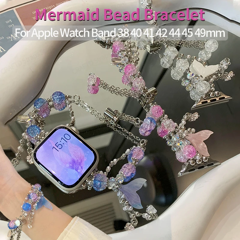 

Bling Mermaid Bead Bracelet for Apple Watch Band 45mm 41mm 44mm 40 42 38 49 Women Metal Strap for IWatch 9 8 7 6 5 4 3 SE Correa