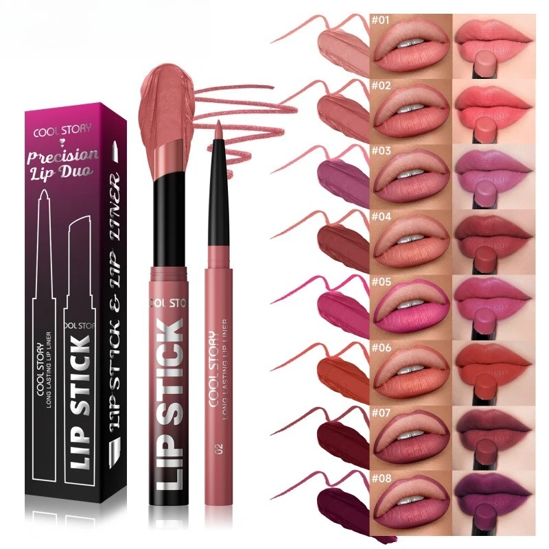 Lipliner und Lippenstift-Set, 2-in-1, wasserfest, langlebig, Lippen-Make-up-Set, wischfest, für professionelle, präzise Anwendung