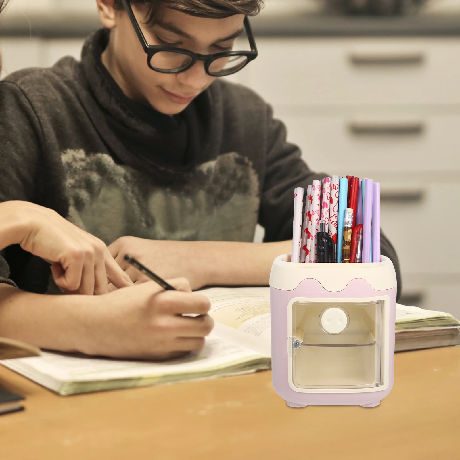 

Compact Desktop Pencil Holder Multifunctional Desk Organizer with Drawers for Pens Markers Scissors Stationery Storage