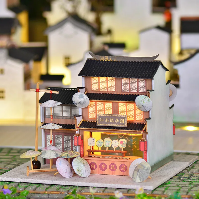 ร้านร่มจีน OUZEY ชุดประกอบเอง, โมเดลริเวอร์ไซด์ไม้ 3 มิติ, ของขวัญวัฒนธรรมวินเทจสำหรับวัยรุ่น