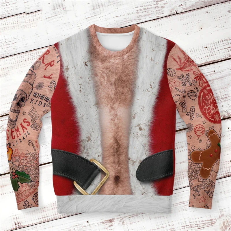 Funny Ugly Christmas Sweater For Men With Santa Claus Graphic Print Winter Warm Pullover Casual Oversized Sweatshirt
