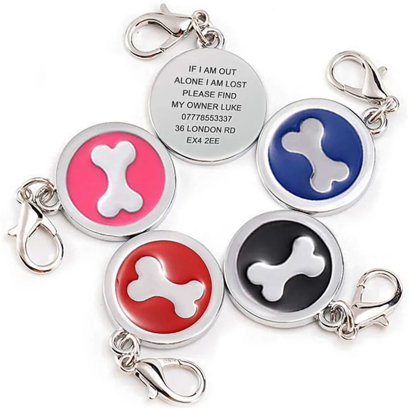 Personalised Engraved 25mm Colourful Tag for Cat Dog Puppy Pets Collar Stainless Steel Tag Bone Paw Design