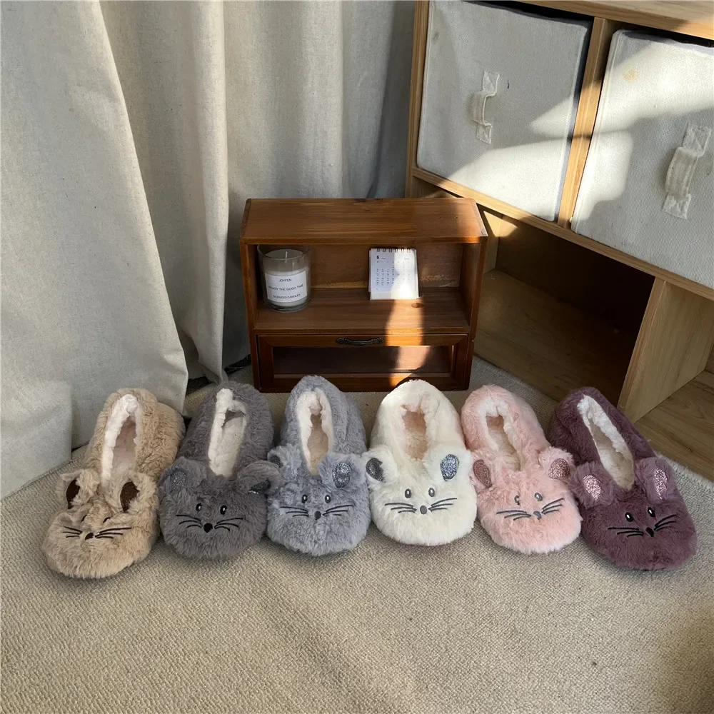 House Slipper Women Winter Non Slip Grip Indoor Fur Contton Warm Plush Home Fluffy Lazy Female Mouse Ears Embroidery Fuzzy Shoe