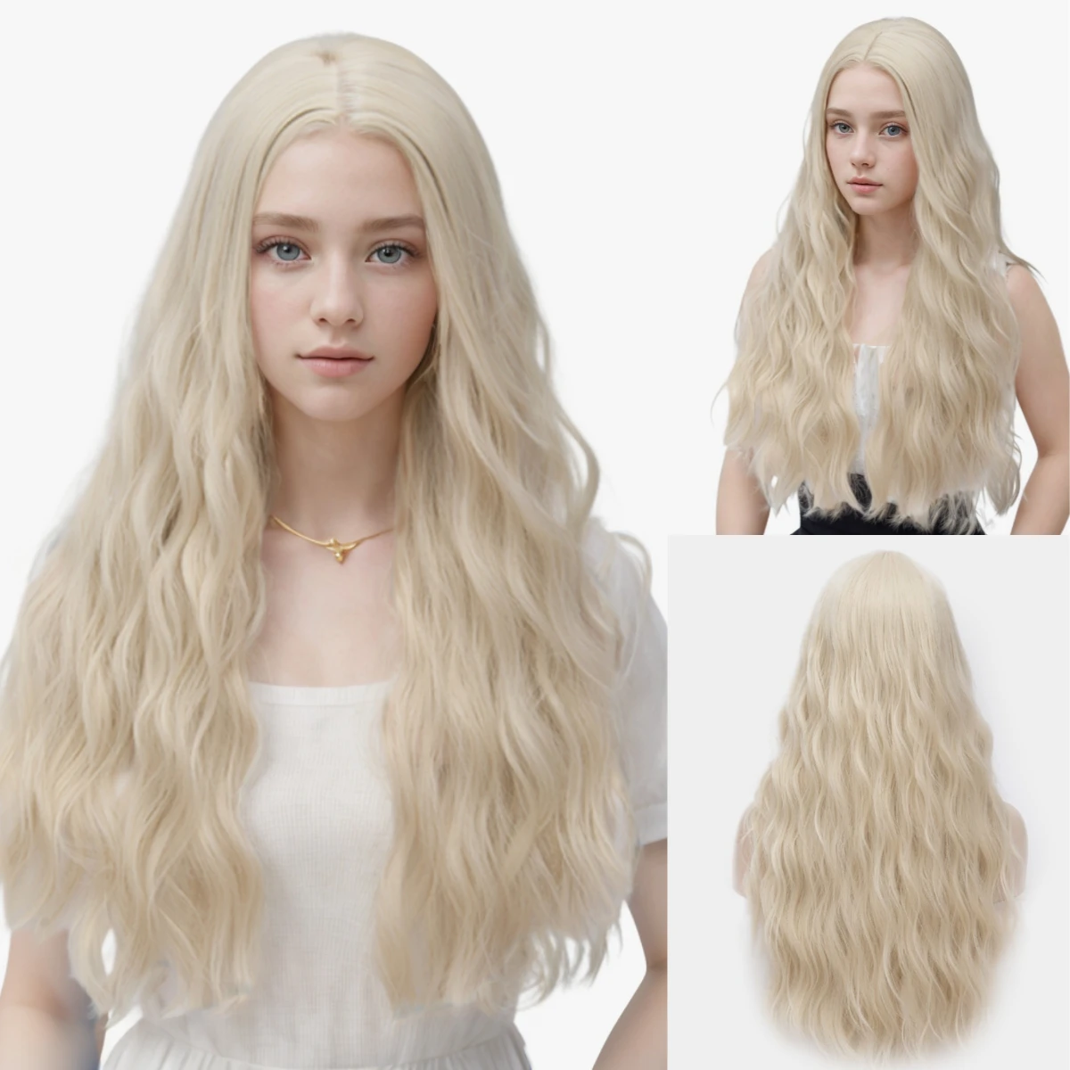

Женский синтетический длинный волнистый светлый парик с разбросанной челкой в середине, косплей, вечерние, Лолита, реалистичные накладные волосы, термостойкие