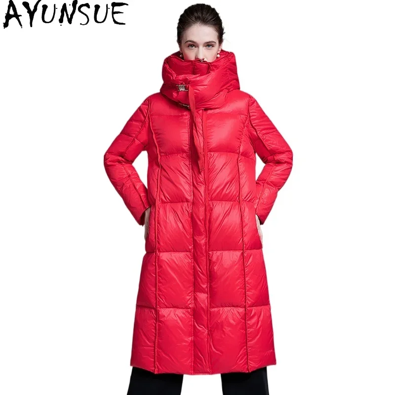 AYUNSUE White Duck Down Puffer Jacket Women Fashion Outerwears Long Down Coats with Hood Winter Luxury Clothes Пуховики 2024