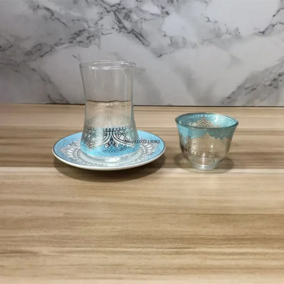 Turkish Tea Glasses Cups Set With Saucers Coffee Cup Romantic Exotic Glass Tea Cup Blue Gold Kitchen Decoration Drinking 3pcs