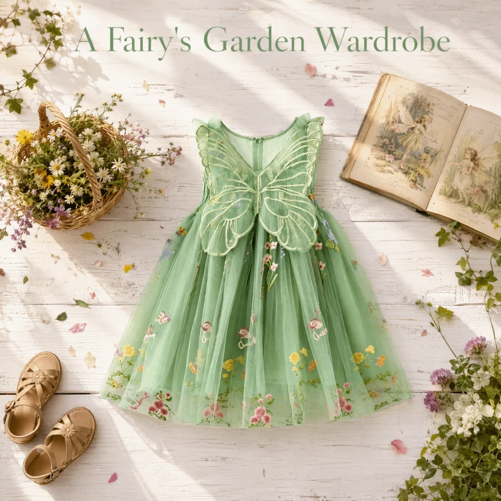 Stylish Mesh Fabric Princess Dress Puff Skirt Suspender Design Tutu Dress Floral Embroidery 3D Wings Girls Clothing Summer Wear