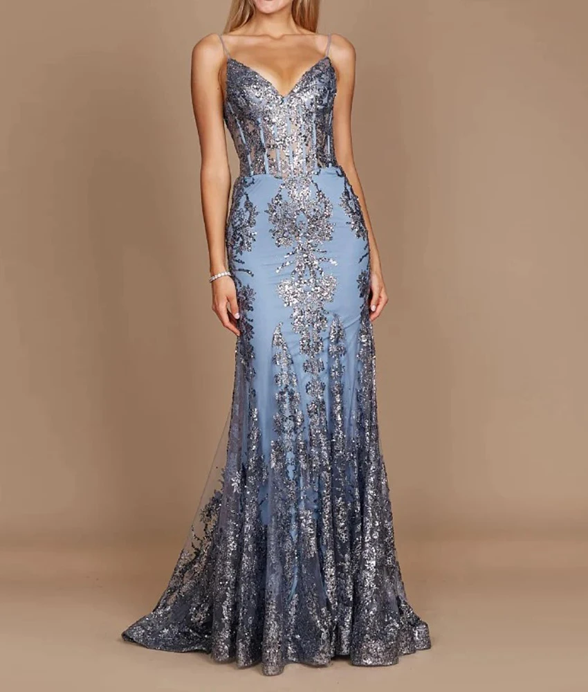 

Customized Sexy Tulle Mermaid Spaghetti Straps Appliques Sequined Evening Dress Delicate Sleeveless V-Neck Celebrity Gowns