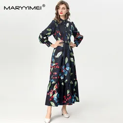 MARYYIMEI Autumn Women's Dress Stand Collar Lantern Sleeved Single-Breasted High Waiste Lace-Up Print Long Dresses