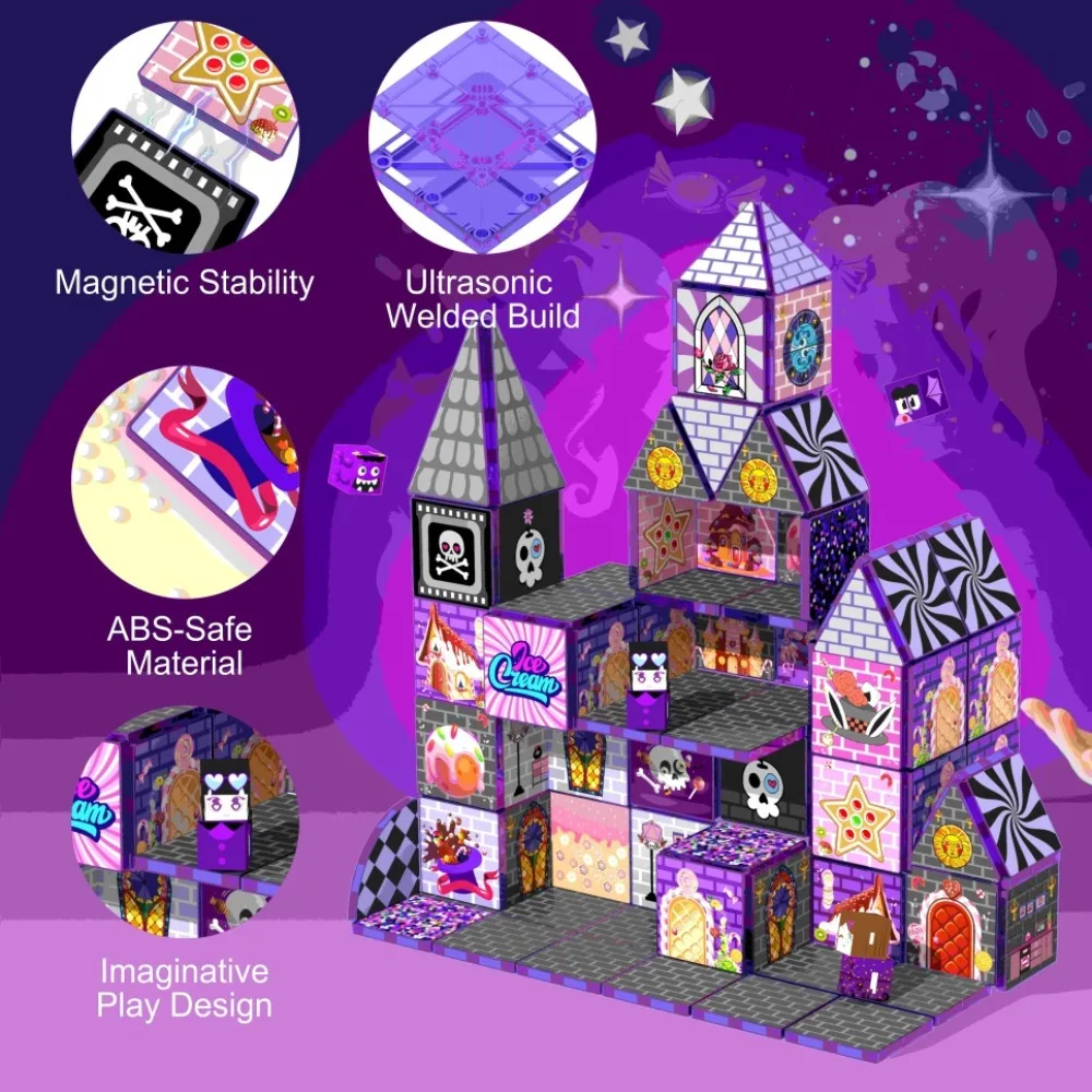 Magnetic Tiles Halloween Haunted Castle Doll House for Kids with Figures Role Play STEM Toys Birthday Christmas Gift for Girls