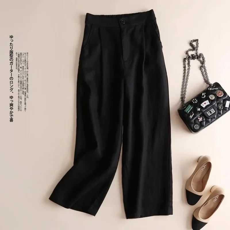 Summer Baggy Cotton Linen Pants Women Elegant High Waist White Wide Leg Pants Woman Casual Loose Straight Streetwear Bottom New
