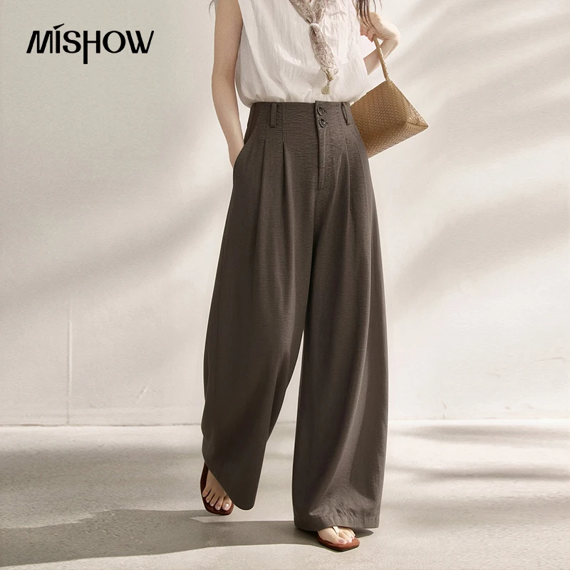 MISHOW Women's High Waist Wide Leg Pants 2026 Summer Double Button Pleated Slouchy Floor Length Trousers Office Lady MXF28K2718