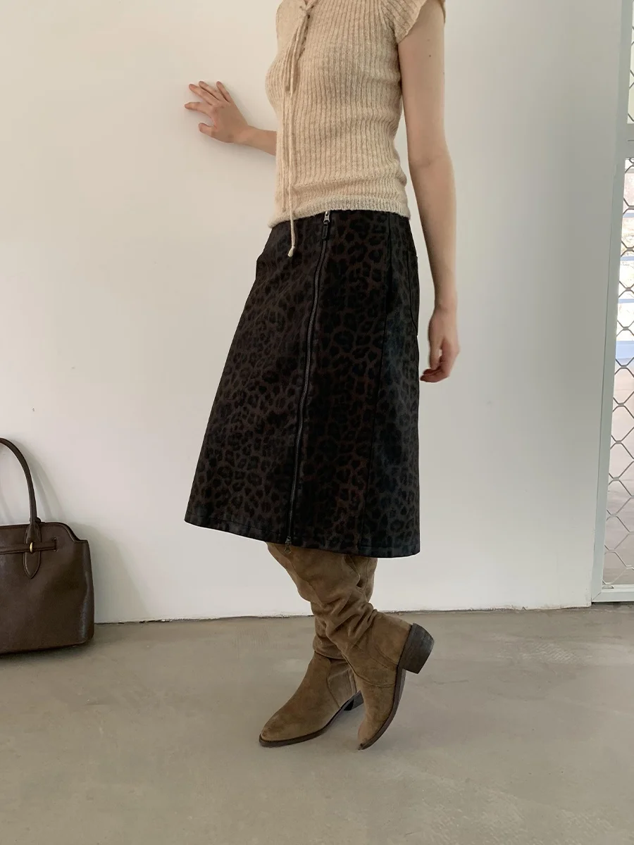 

DKZ Coffee Color Leopard Print Straight Tube f Skirt Women's Autumn Winter New Retro Mid-length Skirt Ladies Faion
