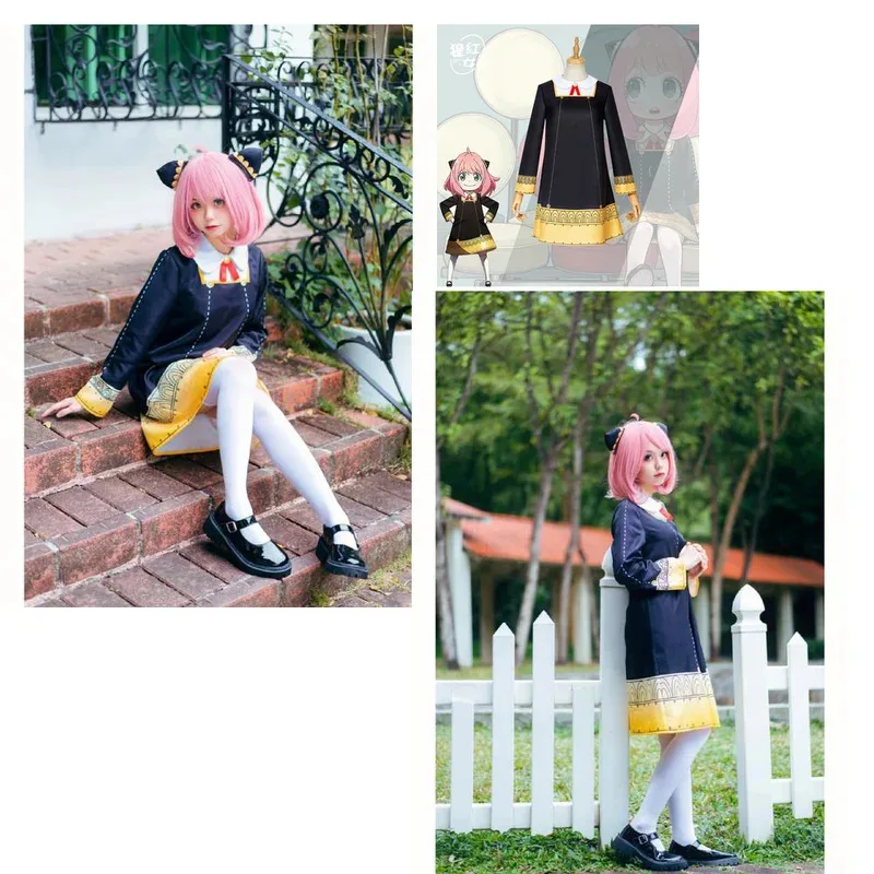 Anime Spy Family Anya Fake Cosplay Costume Toddler Children Anya Cospla Kawaii Black Dress Party Clothes parrucca Halloween Wome