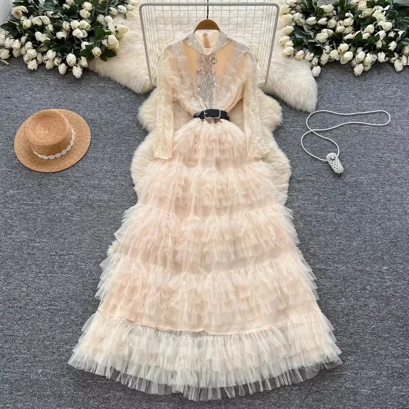 Women Elegant Embroidered Sequin Long Dress Autumn Layered Ruffle Full Sleeve Mesh Tulle Evening Party Gown Vestidos