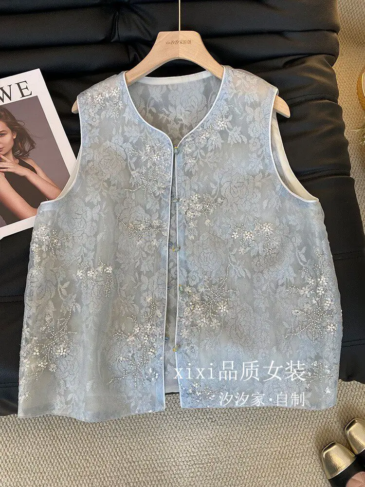 New Blue vest, heavy industry embroidery, sequins, nail beads, organza, thin