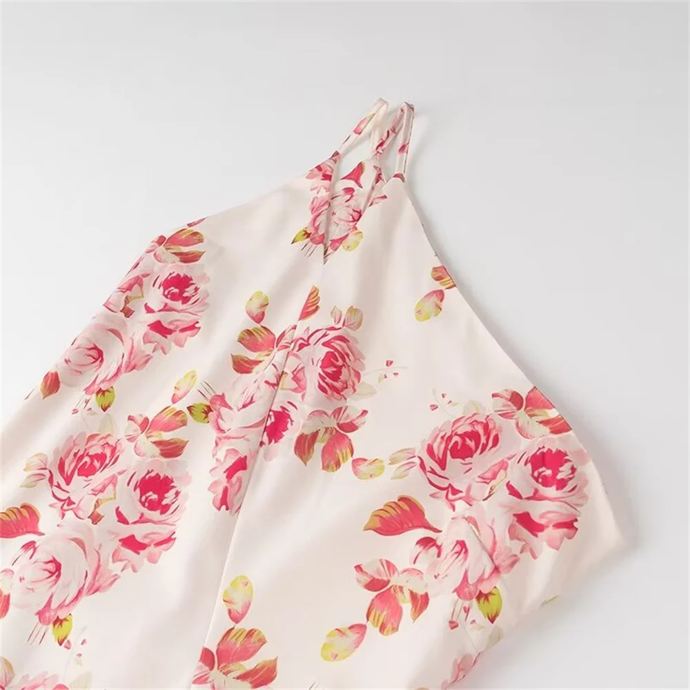 2024 ZAR4 Summer New Women\'s European and American Style Fashion Niche Slanted Shoulder Printed Strap Dress