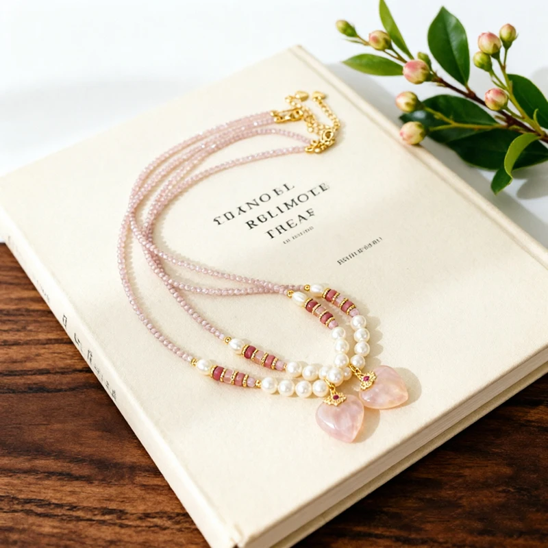Rose quartz heart pendant, freshwater pearl clavicle chain, crystal necklace, hand-strung beaded necklace.