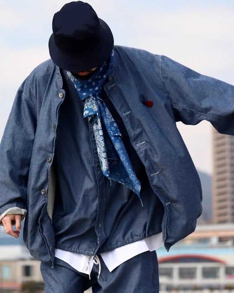 

Blue Dye Cotton Linen Stand Collar Jaet Retro Japanese Sle Ceiling Nana Mikajaet Youth ular Travel Outerwear Zipper