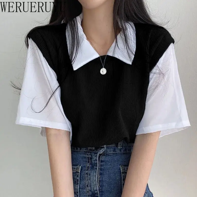 Summer POLO Collar T-shirt Short Sleeve Y2k Top Womens Clothes Korean Fashion Youth Casual Loose Knitted T-shirts for Women 2024