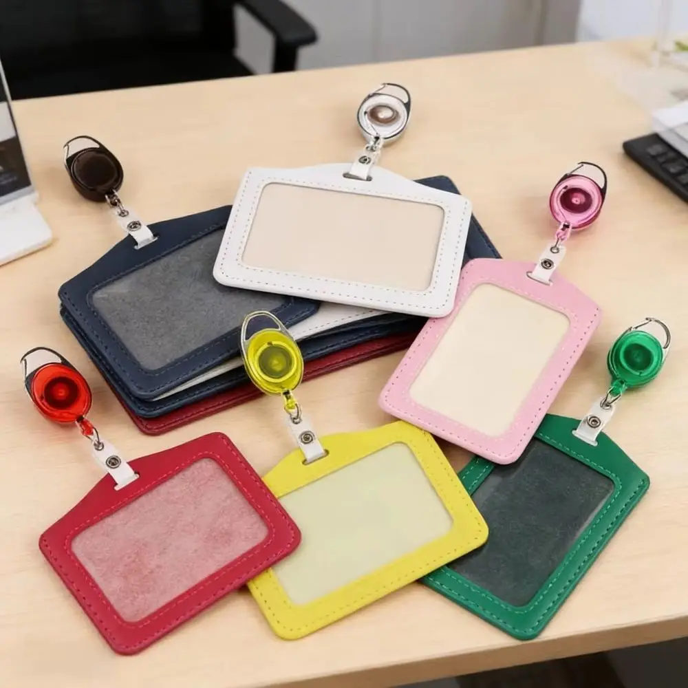 1Set PU Leather Name ID Card Holder Clip Keychain Badge Reel Retractable for Staff Pass Work Card Cover Working Permit Case