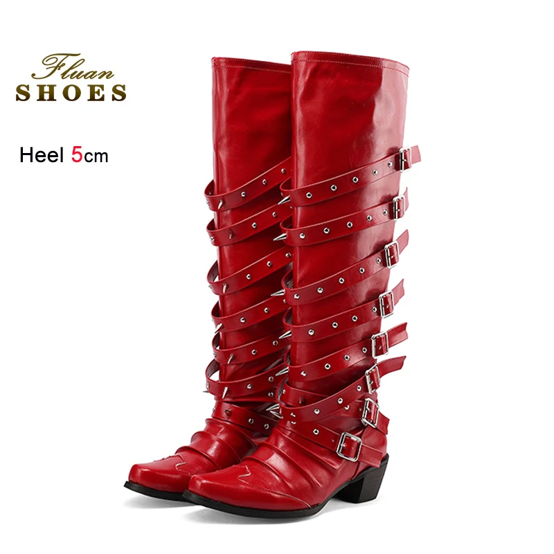 

2026 Spring Gothic Belt Buckle Long Boots 5CM Block Heels Punk Rock Knee-high Boots For Women Square Toe Large Size Red Shoes CD