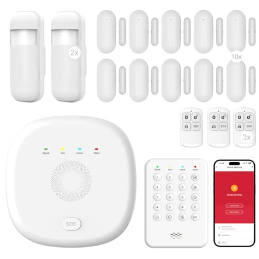 

Home security alarm system with durable ABS plastic housing, white color, 17-piece set for comprehensive indoor protection