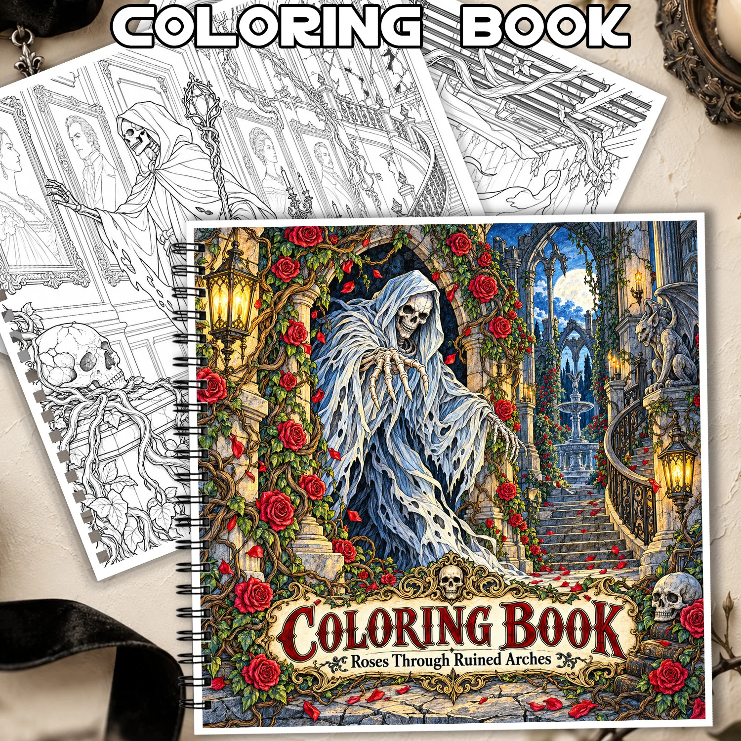 24Pages Spiral Coloring Book Gothic Skeleton Rose Design For Adults Teens Showcasing Creativity Relieving Stress