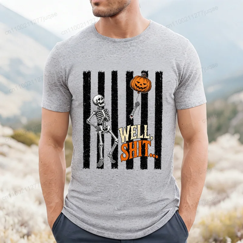 Well Shit Funny Skeleton Men's T-Shirts Spooky Season Tee Shirts Funny Dark Humor Halloween Design T-Shirt Short Sleeve Clothing