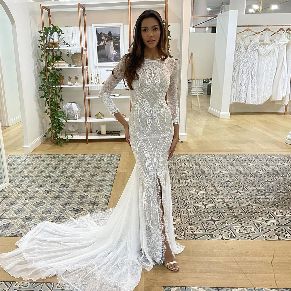 20064# Boho Long Sleeves Front Slit Lace Wedding Dress For Women Elagant Backless Bridal Gown With Long Train Customzied