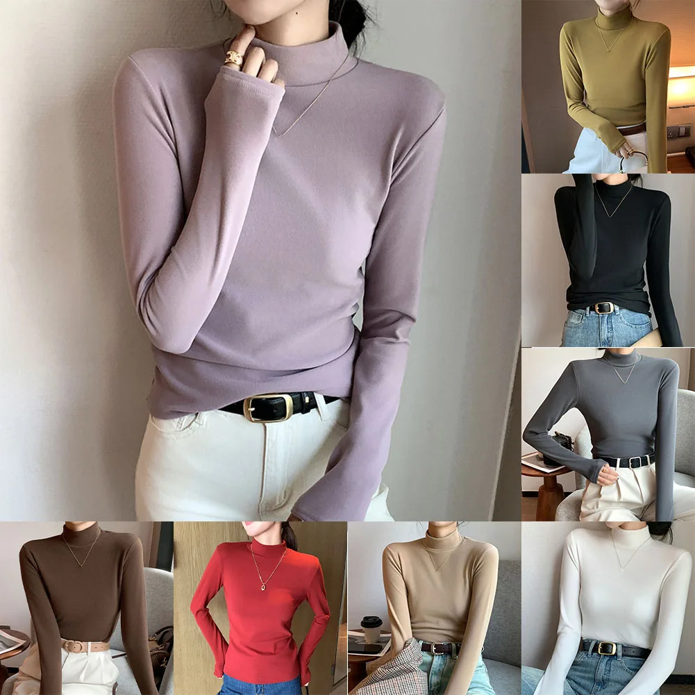 رقبة دائرية نسائية ذات لون سادة ورقبة عالية مع قاعدة دافئة تحتها