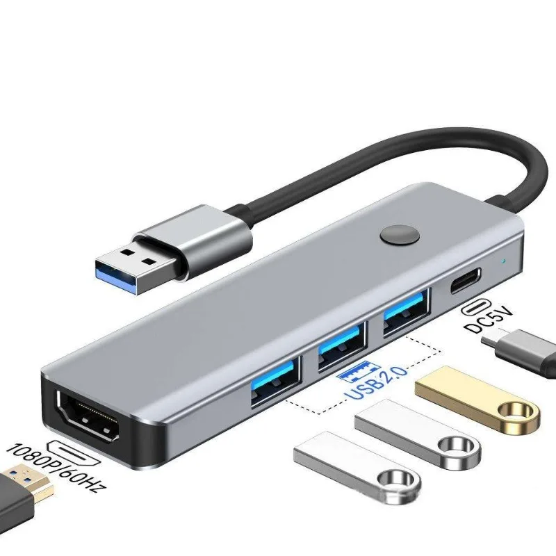 5-in-1 Type C Docking Station USB2.0 Port 4K HD Video Output PD 100W Charger HiFi Screen Cast One Click Power Off Portable Hub