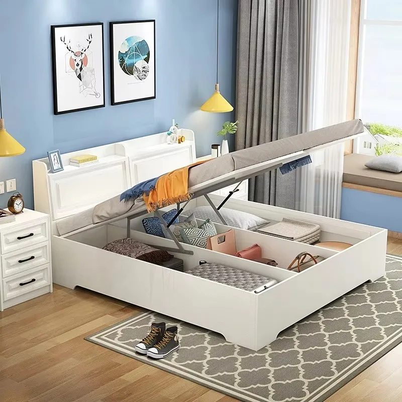 Modern Soft Design Tatami Plate Pneumatic High Bed Double Bed Floor Heating Wedding Features Panel Wood Style Storage Included
