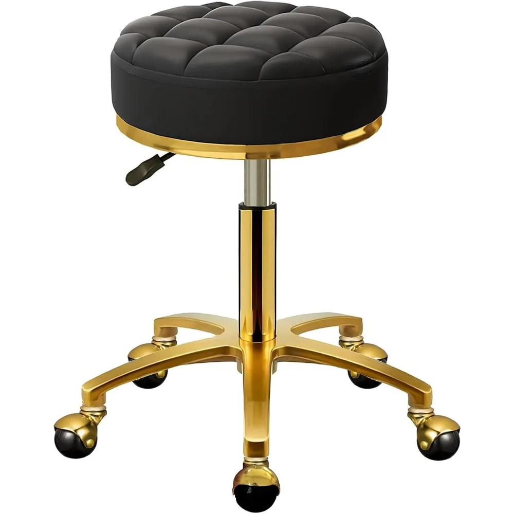 Rolling Stool, PU Leather Round Swivel Chair, Salon Spa Roller Stool, Titanium Gold Base, Adjustable 43-55 cm