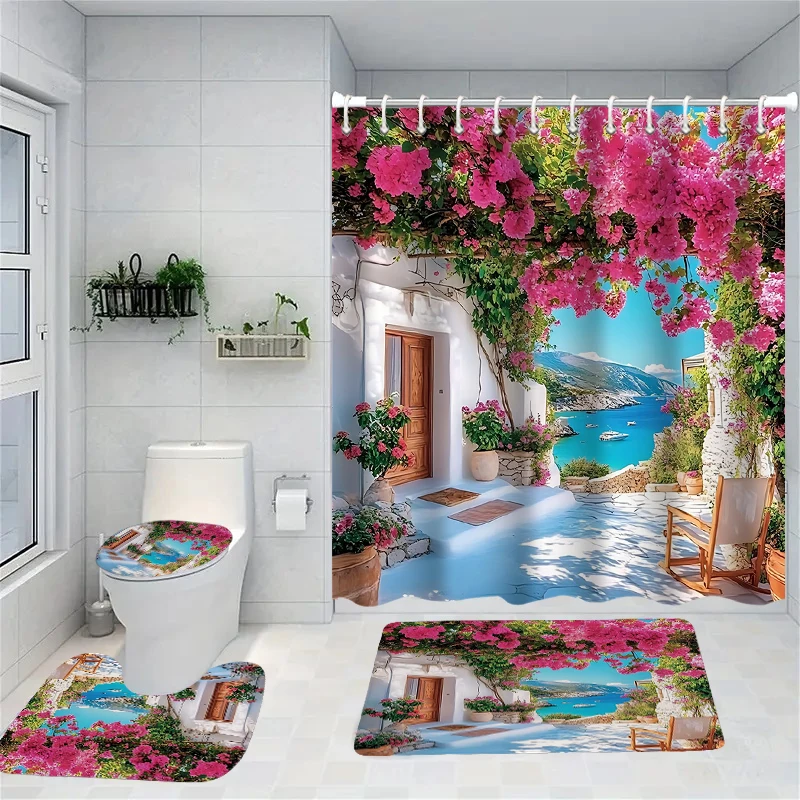

landscape Decro Floral Pattern Shower Curtain Bath Sets Waterproof Non-Slip Bathroom Rug Toilet U With 12 Hooks Home Deco