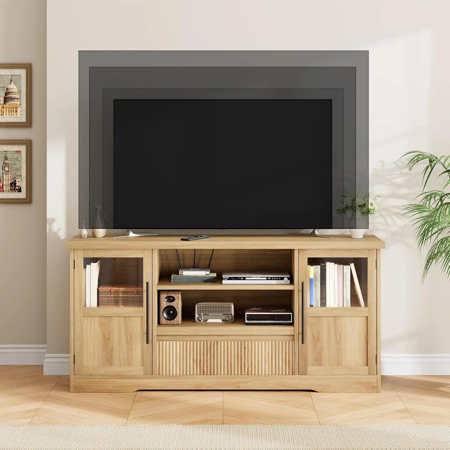 Farmhouse TV Stand 63in For TVs Up To 72in, Wave Pattern Entertainment Center With Glass Door Cabinets & Open, Customized