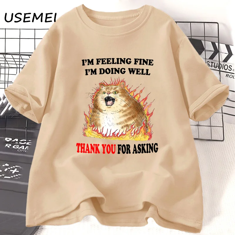 Mi Feeling Fine Funny Cat Printed T-shirt donna uomo Fashion Cotton Graphic T-shirt Summer Casual Animal women\'s Tops Tees