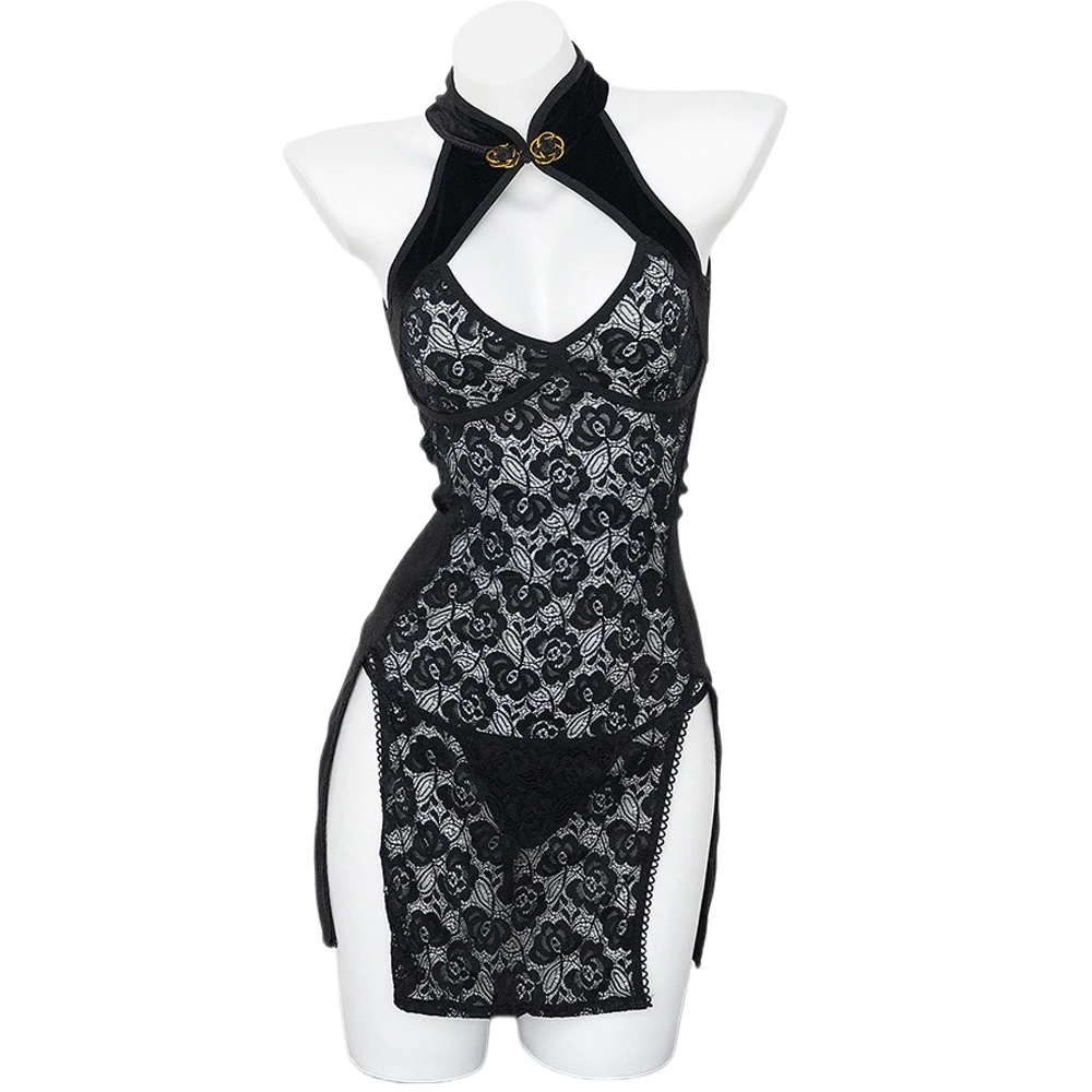 AniLV Anime Women Chinese Lace Flower Chipao Dress Set Sexy Lingerie Temptation Cheongsam Erotic Outfits Cosplay Costume