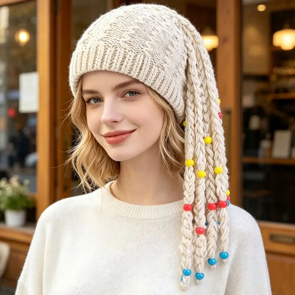 Knitted Dreadlock Beanie Color Bead Decor Faux Braid Braided Wig Hat Integrated Braid Thick Yarn Wig Beanie Party Event
