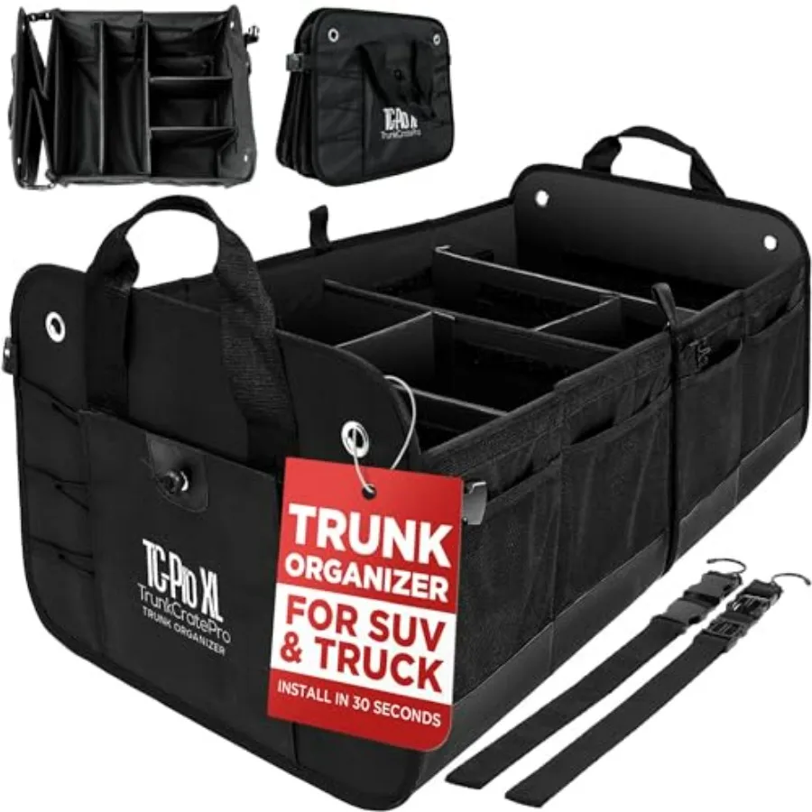 

XL Heavy-Duty Trunk Organizer for SUV Truck Cargo Storage with 6 Adjustable Compartments Non-Slip Base Securing Straps Foldable